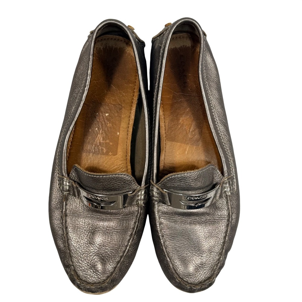 Coach Nola Metallic Pewter Leather Driving Loafers Flats Silver Logo‎ 10B A4062